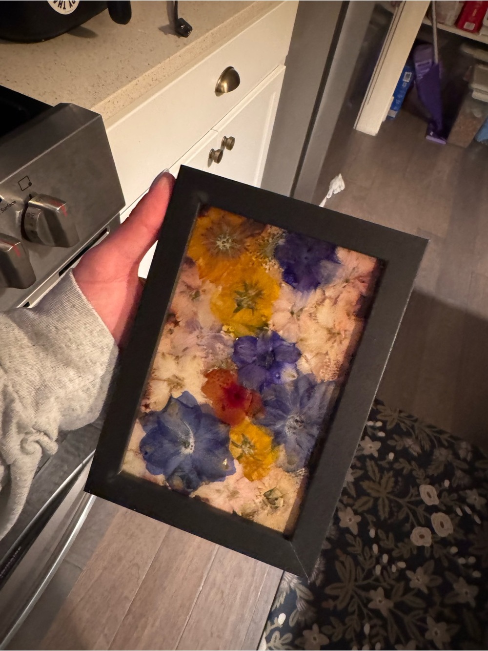 Pressed Flower Art in Black Frame - Blue & Yellow Floral Home Accent
